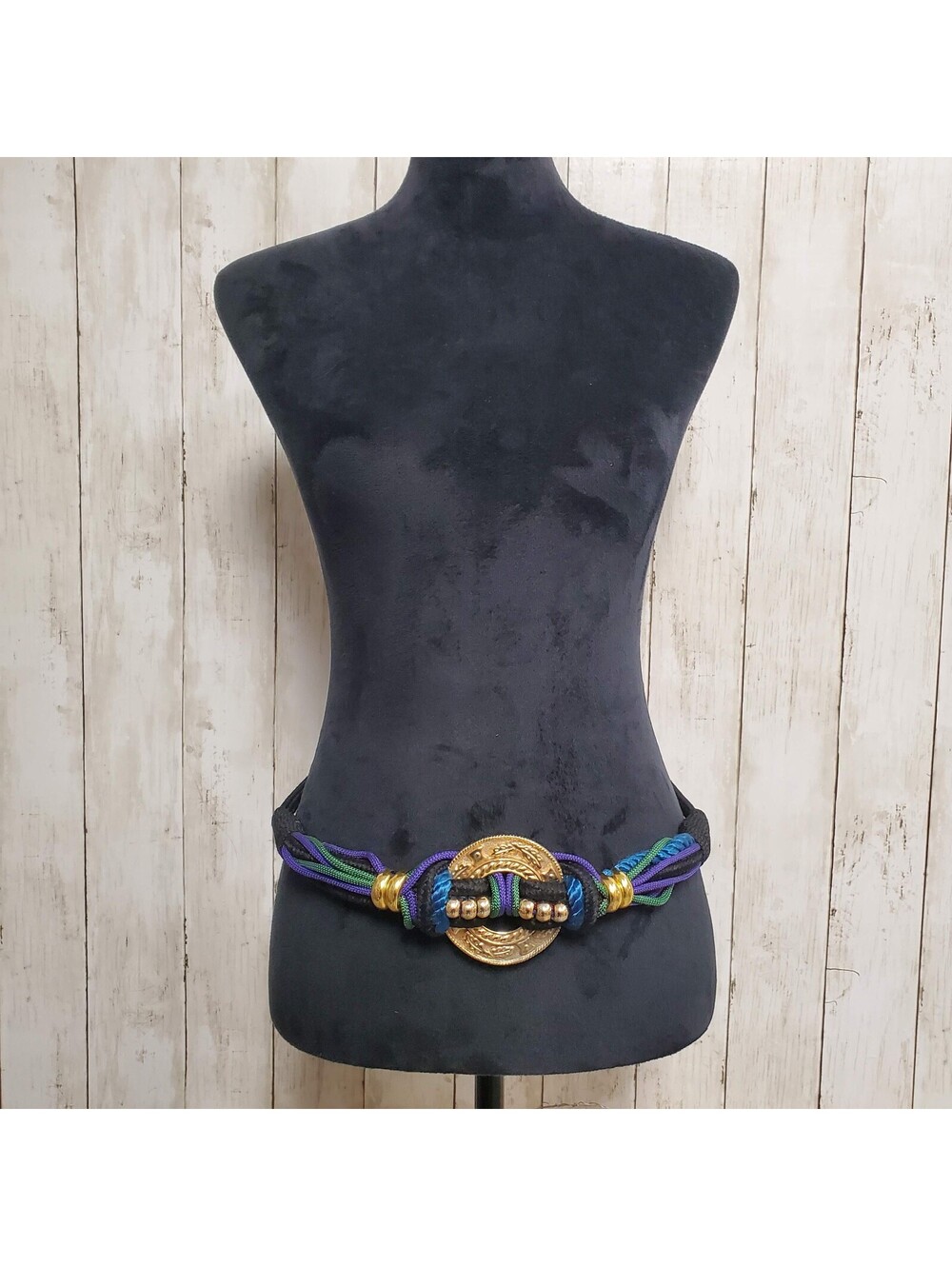 Vintage 1980s Macrame Braided Rope Belt with Chunky Gold Medallion